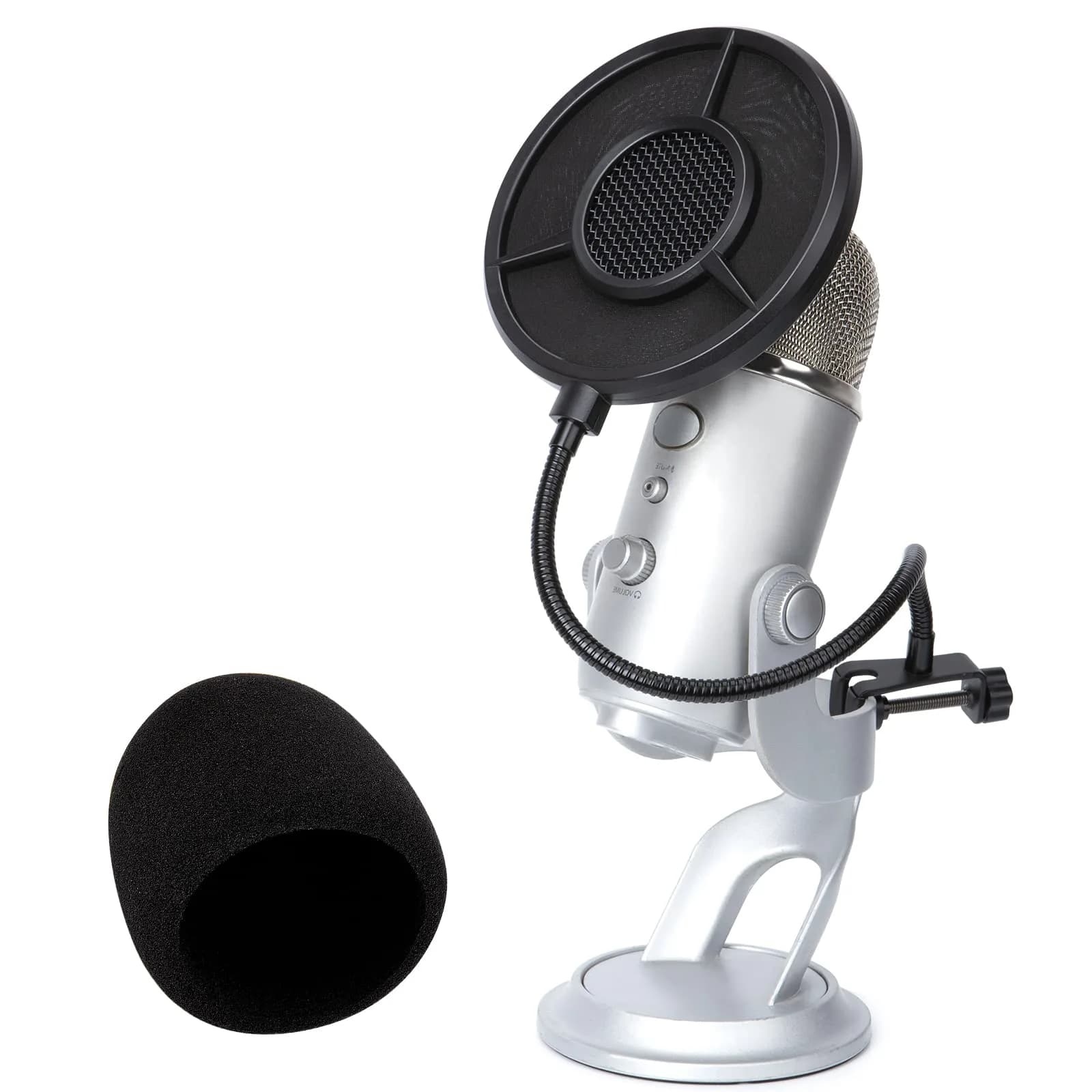 YOUSHARES Blue Yeti Pop Filter Foam Windscreen with Gooseneck & Clamp, 14cm (5.5 Inch) Diameter, 6-Layer Metal Mesh | Professional Mic Accessory for Recording & Streaming - main product image