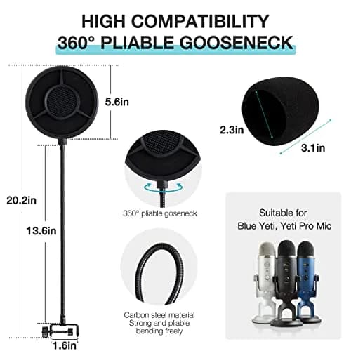 YOUSHARES Blue Yeti Pop Filter Foam Windscreen with Gooseneck & Clamp, 14cm (5.5 Inch) Diameter, 6-Layer Metal Mesh | Professional Mic Accessory for Recording & Streaming thumbnail 5