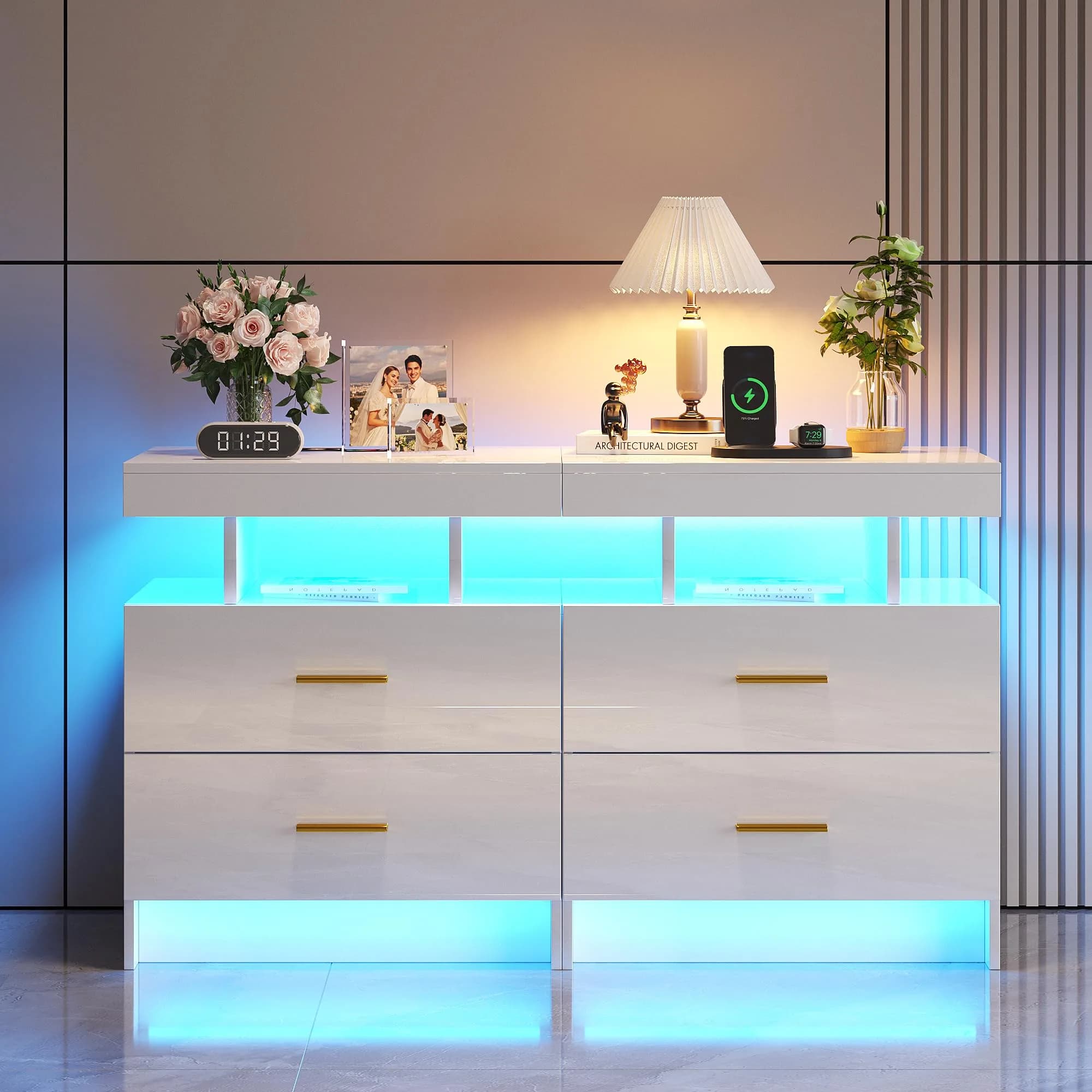 HNEBC Night Stand Set 2 with Galaxy Star Projector, Bluetooth Speaker, Black | Modern Bedroom & Living Room Furniture — Led 2pcs Black