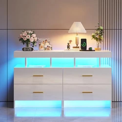 HNEBC LED Nightstand Set of 2 with Charging Station | Auto Sensor 3-Color Light, Wireless & USB Charging, 2 Drawers, Black thumbnail 1