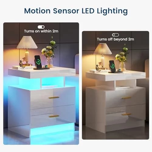 HNEBC LED Nightstand Set of 2 with Charging Station | Auto Sensor 3-Color Light, Wireless & USB Charging, 2 Drawers, Black thumbnail 5