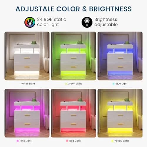 HNEBC LED Nightstand Set of 2 with Charging Station | Auto Sensor 3-Color Light, Wireless & USB Charging, 2 Drawers, Black thumbnail 6