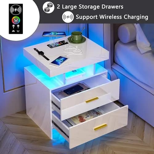 HNEBC LED Nightstand Set of 2 with Charging Station | Auto Sensor 3-Color Light, Wireless & USB Charging, 2 Drawers, Black thumbnail 7