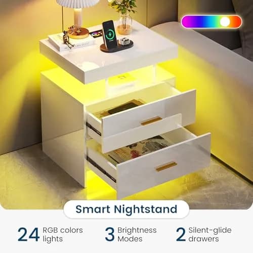 HNEBC LED Nightstand Set of 2 with Charging Station | Auto Sensor 3-Color Light, Wireless & USB Charging, 2 Drawers, Black thumbnail 8