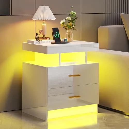 HNEBC LED Nightstand Set of 2 with Charging Station | Auto Sensor 3-Color Light, Wireless & USB Charging, 2 Drawers, Black thumbnail 9