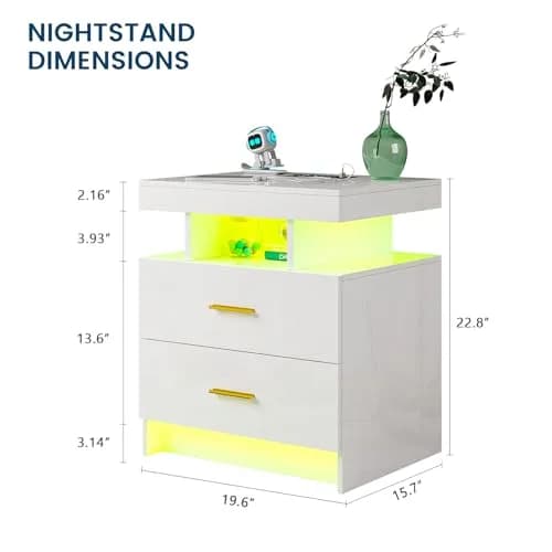 HNEBC LED Nightstand Set of 2 with Charging Station | Auto Sensor 3-Color Light, Wireless & USB Charging, 2 Drawers, Black thumbnail 2