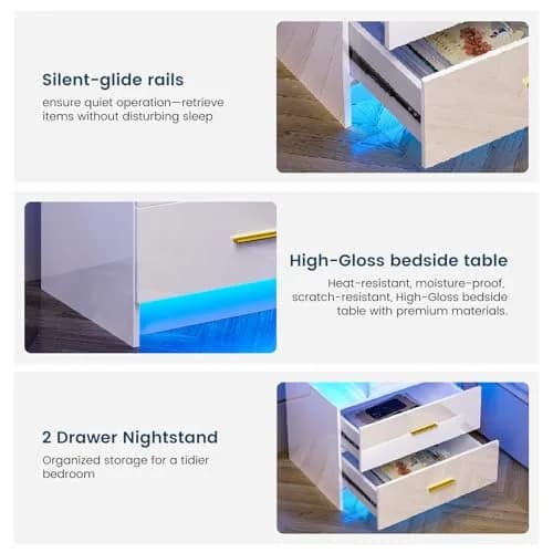 HNEBC LED Nightstand Set of 2 with Charging Station | Auto Sensor 3-Color Light, Wireless & USB Charging, 2 Drawers, Black thumbnail 3