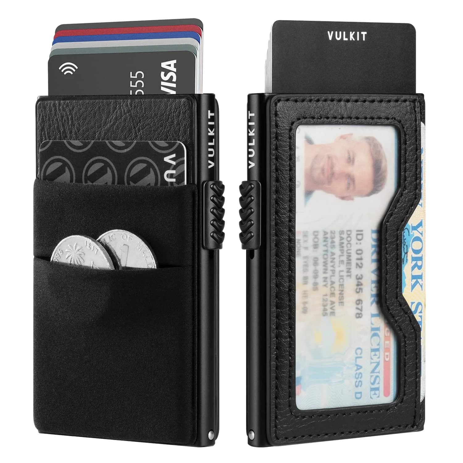 VULKIT Minimalist Pop Up Card Holder Wallet with ID Window & Airtag Pocket | 7 Cards, Cash, Keys | Black — Black