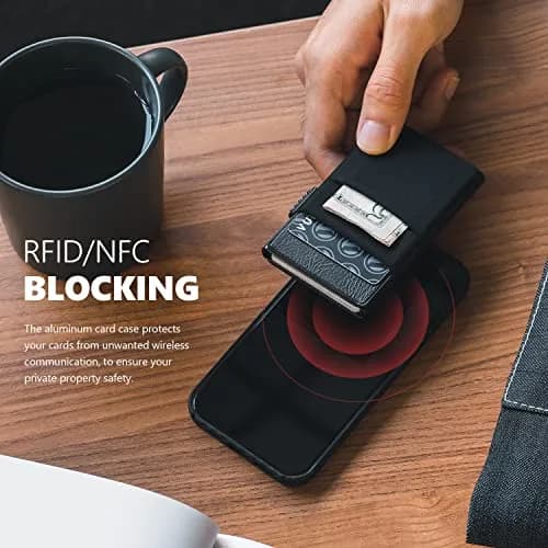 VULKIT Minimalist Pop Up Card Holder Wallet with ID Window & Airtag Pocket | 7 Cards, Cash, Keys | Black thumbnail 5