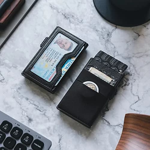 VULKIT Minimalist Pop Up Card Holder Wallet with ID Window & Airtag Pocket | 7 Cards, Cash, Keys | Black thumbnail 6