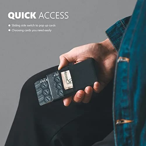 VULKIT Minimalist Pop Up Card Holder Wallet with ID Window & Airtag Pocket | 7 Cards, Cash, Keys | Black thumbnail 3