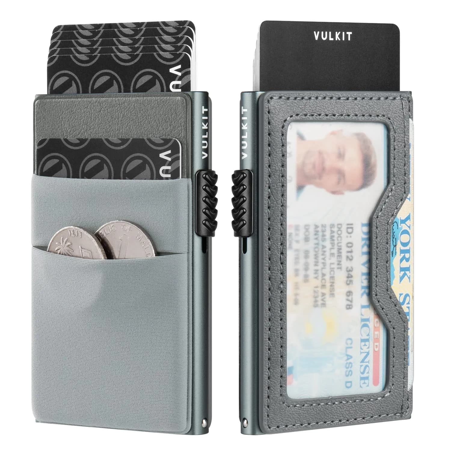 VULKIT Minimalist Wallet with ID Window & EDC Pocket Pop Up Card Holder RFID Blocking Slim Wallet Design for Airtag Cash Coins & Credit Cards — Grey