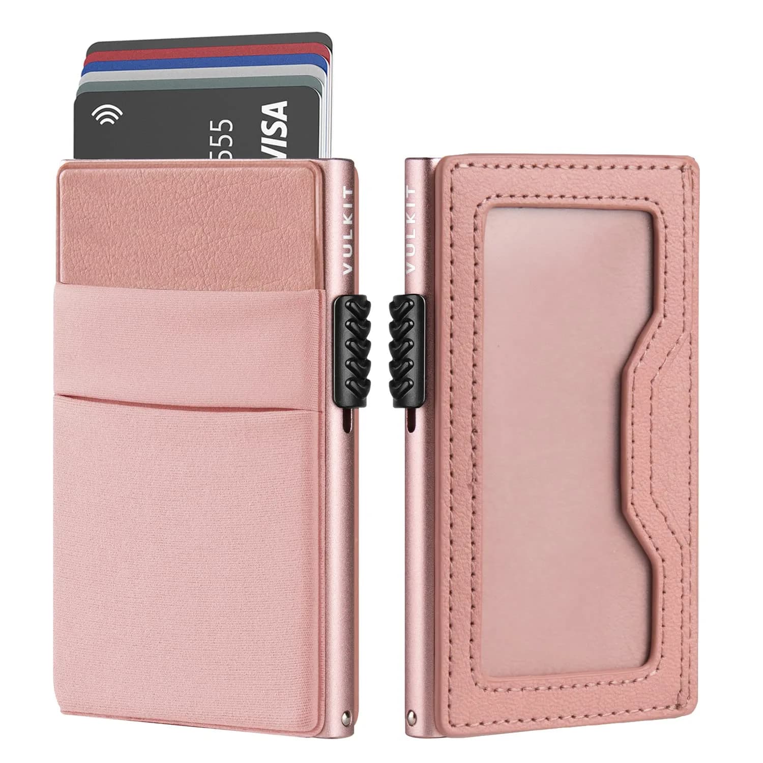 VULKIT Minimalist Pop Up Card Holder Wallet with ID Window & Airtag Pocket | Pink 6.8cm x 10.4cm