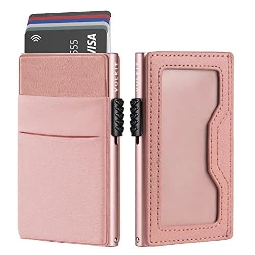 VULKIT Minimalist Pop Up Card Holder Wallet with ID Window & Airtag Pocket | Pink 6.8cm x 10.4cm thumbnail 1