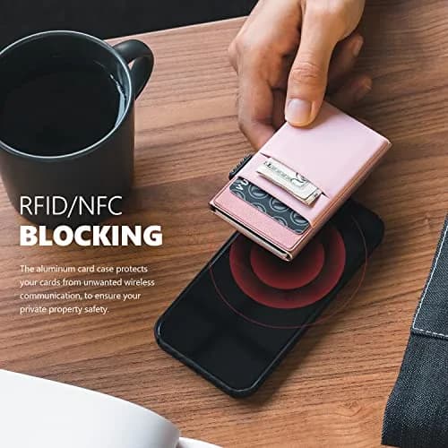 VULKIT Minimalist Pop Up Card Holder Wallet with ID Window & Airtag Pocket | Pink 6.8cm x 10.4cm thumbnail 5