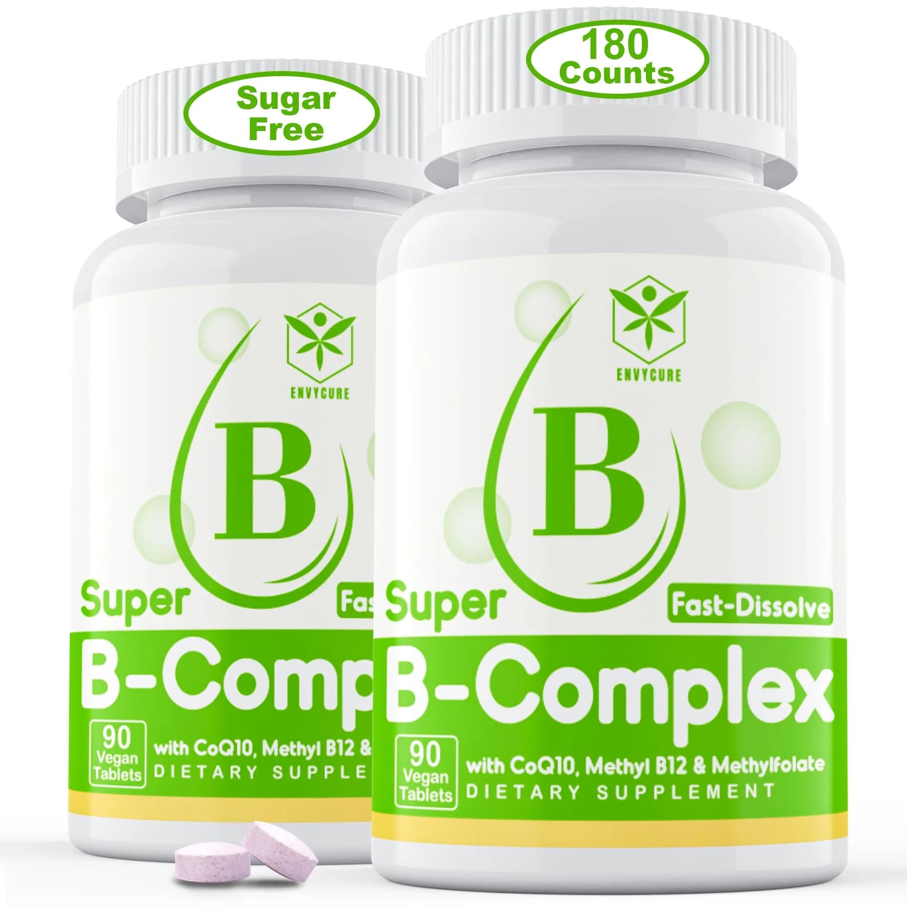 EnvyCure Sugar Free Vitamin B Complex with Methyl B12, MethylFolate, B6, B1, B2, B3, 90 Count (Pack of 2) | Fast Dissolve, Vegan, Energy & Neural Support