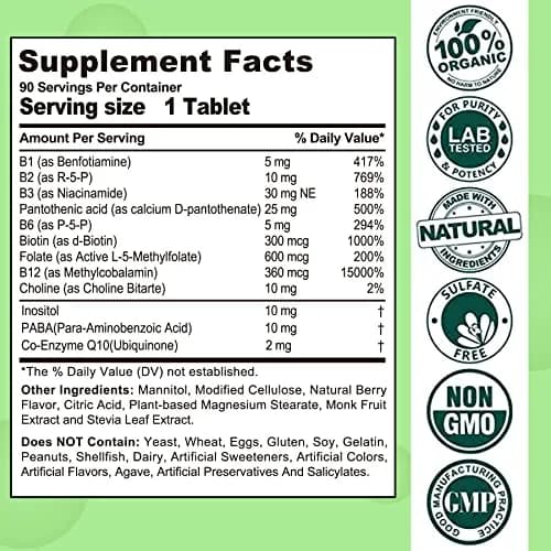 EnvyCure Sugar Free Vitamin B Complex with Methyl B12, MethylFolate, B6, B1, B2, B3, 90 Count (Pack of 2) | Fast Dissolve, Vegan, Energy & Neural Support thumbnail 2