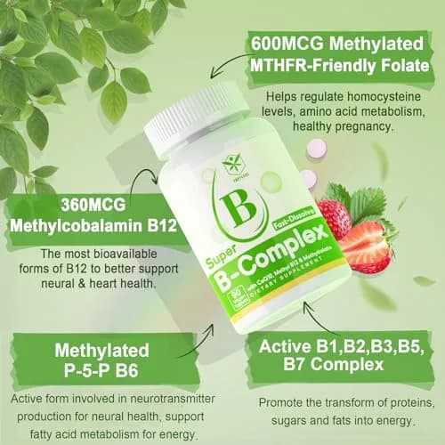 EnvyCure Sugar Free Vitamin B Complex with Methyl B12, MethylFolate, B6, B1, B2, B3, 90 Count (Pack of 2) | Fast Dissolve, Vegan, Energy & Neural Support thumbnail 3