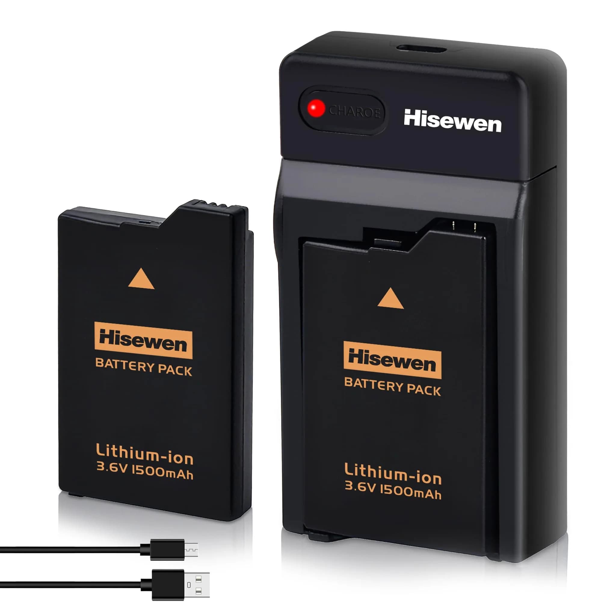 Hisewen PSP 3000 Battery and Charger for Sony PSP 2000/3000 Slim Consoles | 1500mAh Li-ion Rechargeable Pack with LED USB Charger — PSP Charger and Battery