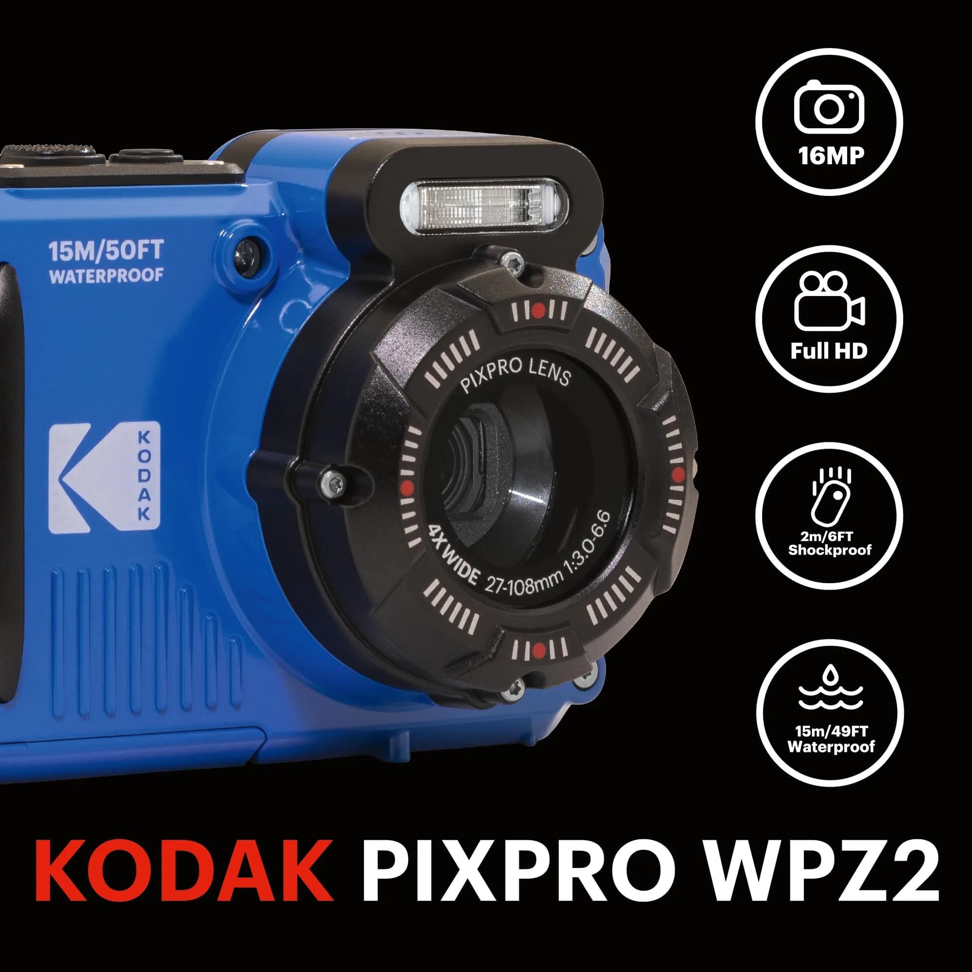 KODAK PIXPRO WPZ2 Waterproof Digital Camera 16MP 4X Optical Zoom Blue | 15m Waterproof, 1080p HD Video - view 3