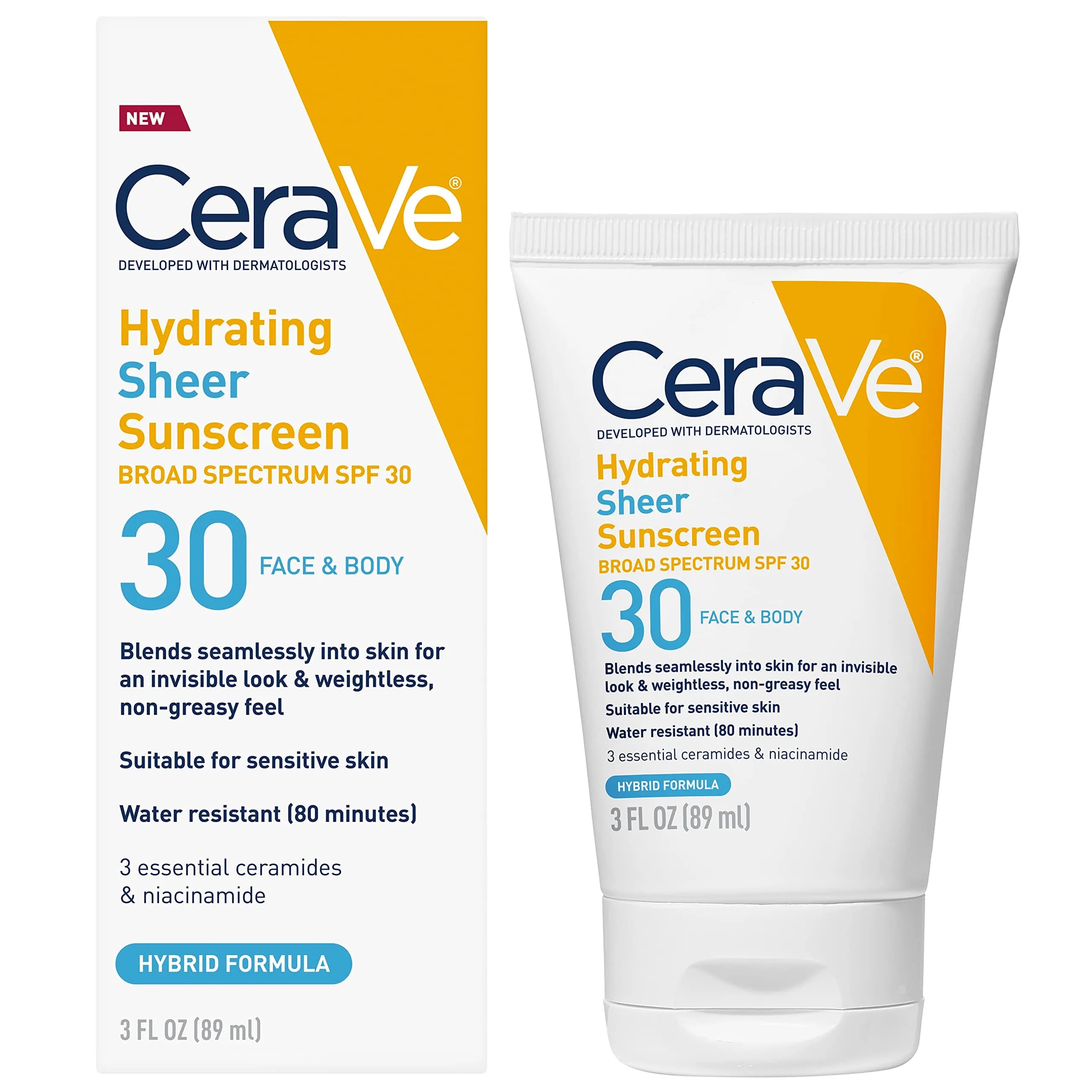 CeraVe Hydrating Sheer Sunscreen SPF 30, 10 Fl Oz (Pack of 2) | Mineral & Chemical Hybrid with Hyaluronic Acid & Ceramides — 3 Fl Oz