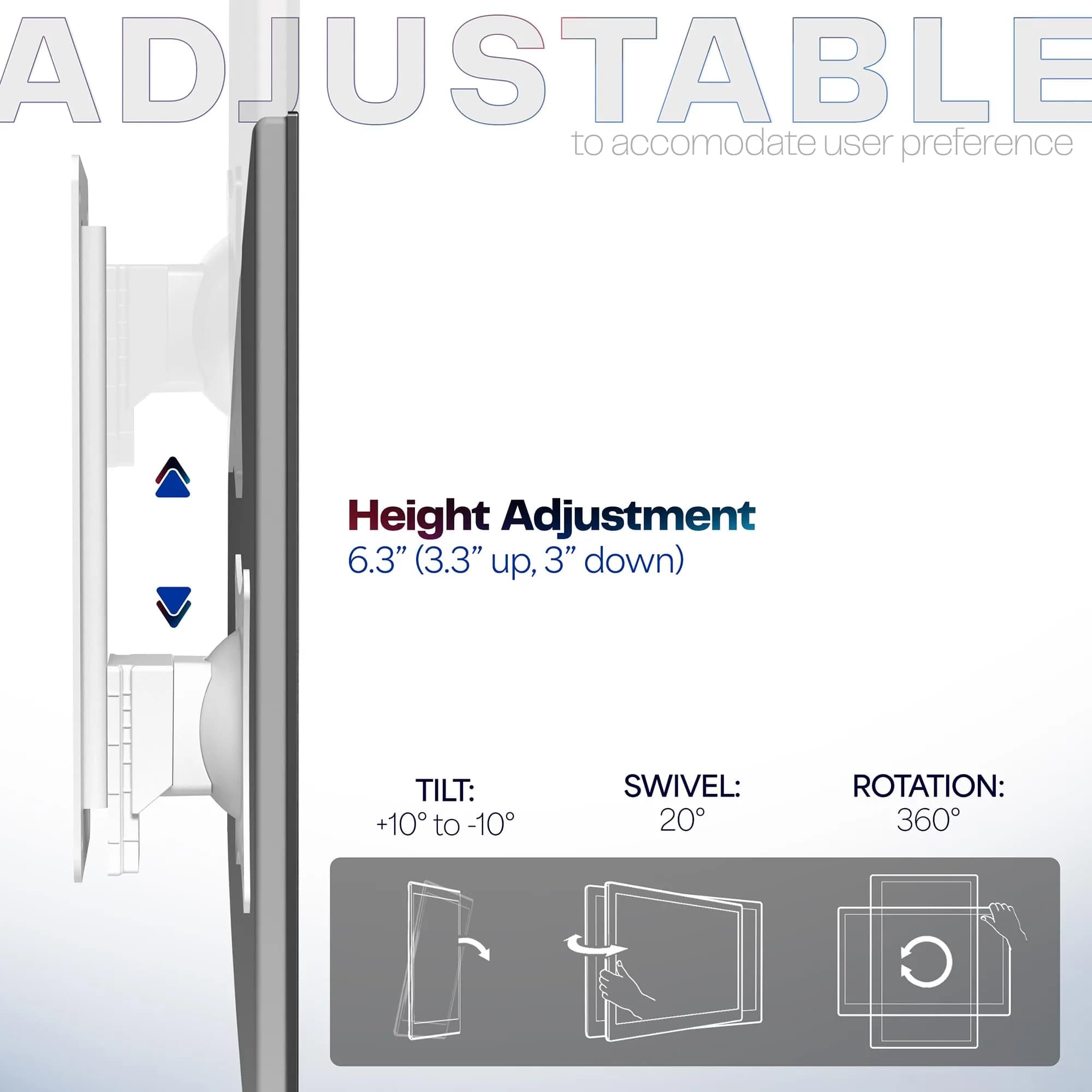 VIVO Height Adjustable Single Monitor Wall Mount (White) | Fits 17"-32" Screens, 7.98 kg Max Load, VESA 100x100mm - view 5