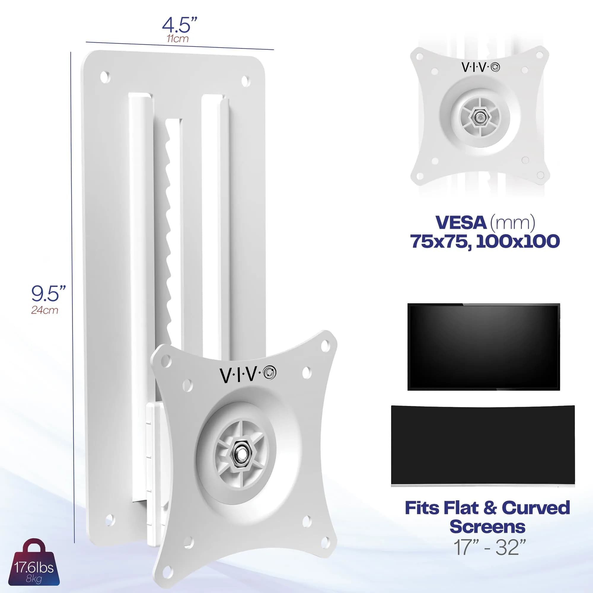 VIVO Height Adjustable Single Monitor Wall Mount (White) | Fits 17"-32" Screens, 7.98 kg Max Load, VESA 100x100mm - view 3