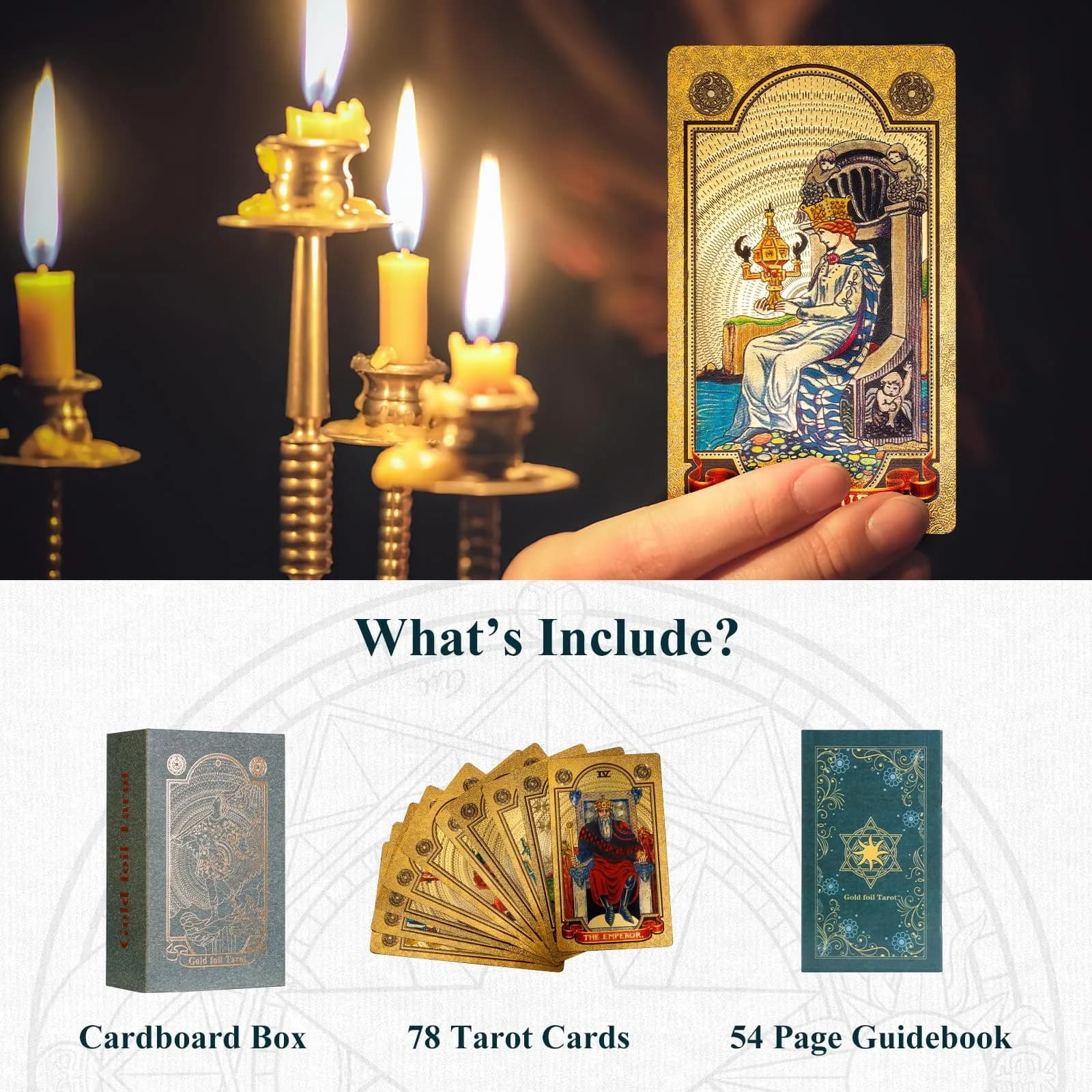 KIINO Gold Foil Tarot Cards with Guide Book & Box | 78 Cards, Waterproof PVC, Adult - view 3