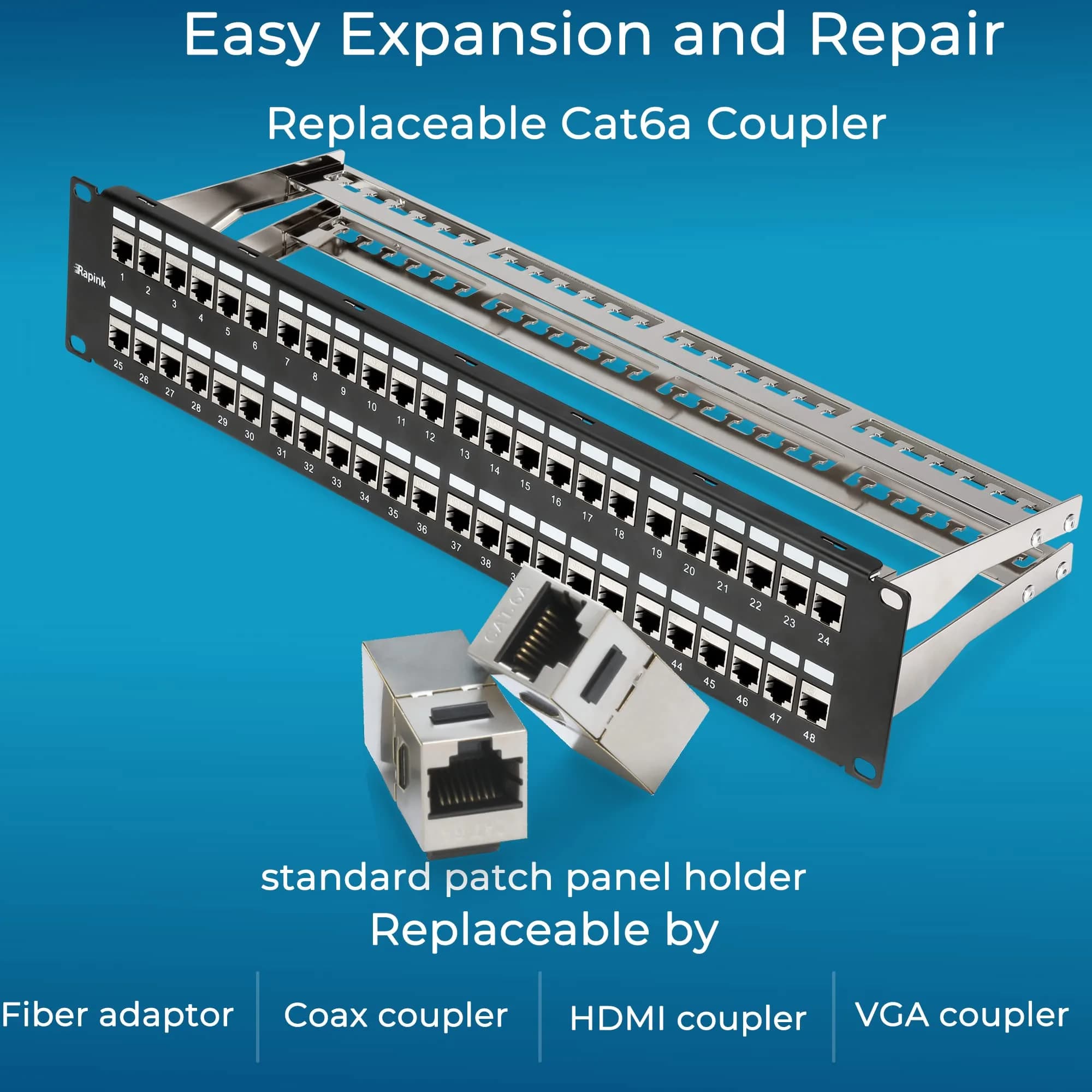 Rapink 48 Port Cat6A Shielded Patch Panel 19-Inch | 10Gbps STP Network Panel with Toolless Keystone Couplers - view 4