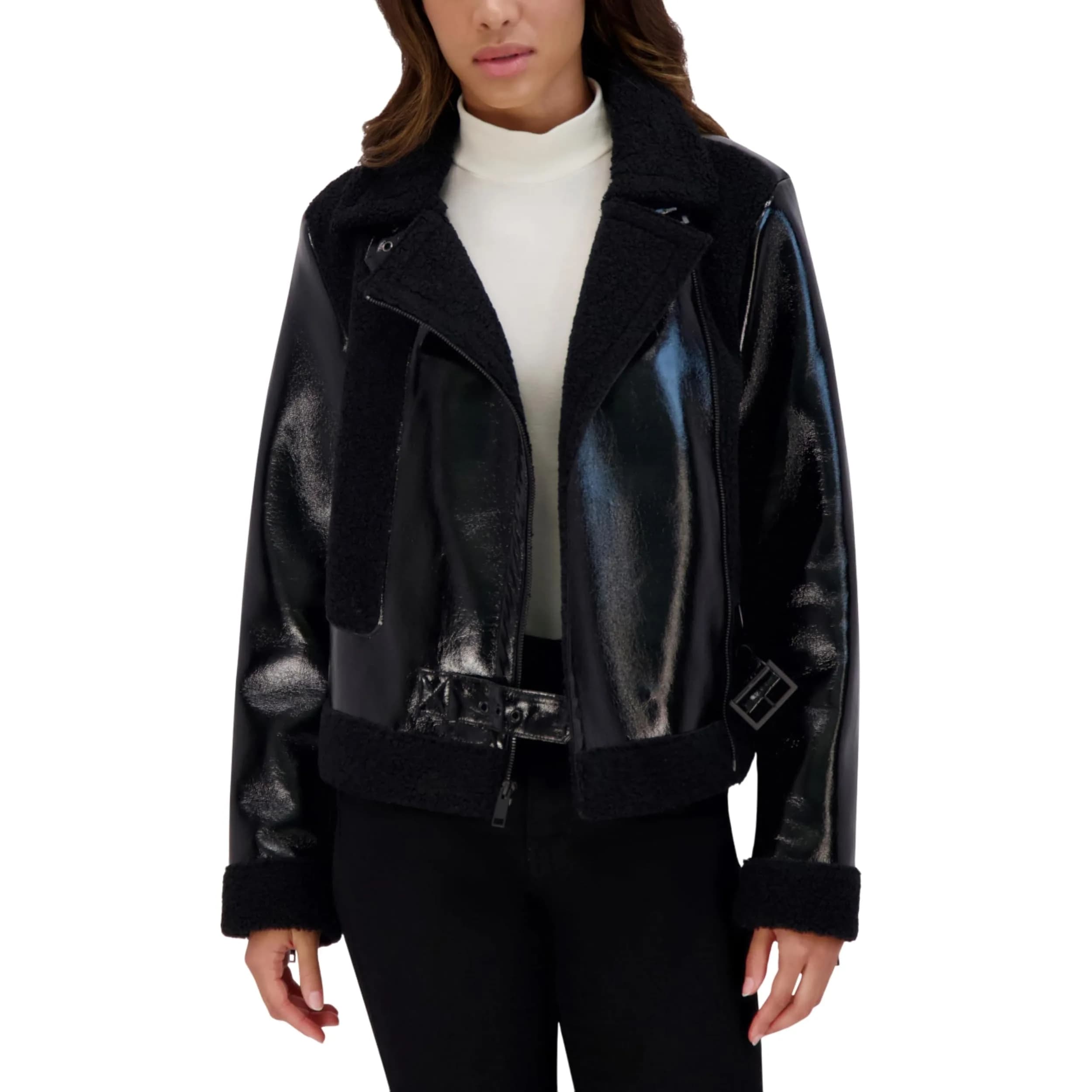 Andrew Marc Women's Moto Faux Patent Leather Jacket, Small | Faux Shearling Moto Coat for Women - main product image