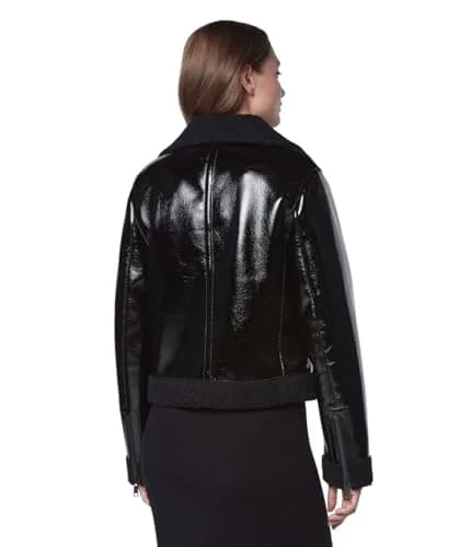 Andrew Marc Women's Moto Faux Patent Leather Jacket, Small | Faux Shearling Moto Coat for Women thumbnail 4