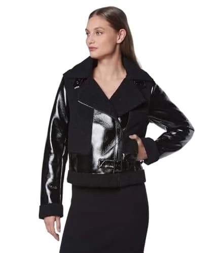 Andrew Marc Women's Moto Faux Patent Leather Jacket, Small | Faux Shearling Moto Coat for Women thumbnail 5
