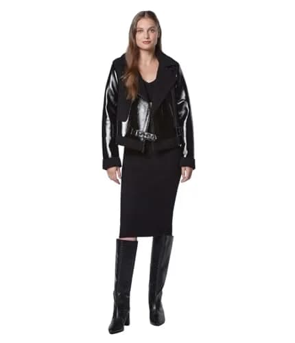 Andrew Marc Women's Moto Faux Patent Leather Jacket, Small | Faux Shearling Moto Coat for Women thumbnail 2