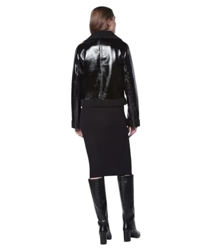 Andrew Marc Women's Moto Faux Patent Leather Jacket, Small | Faux Shearling Moto Coat for Women thumbnail 3