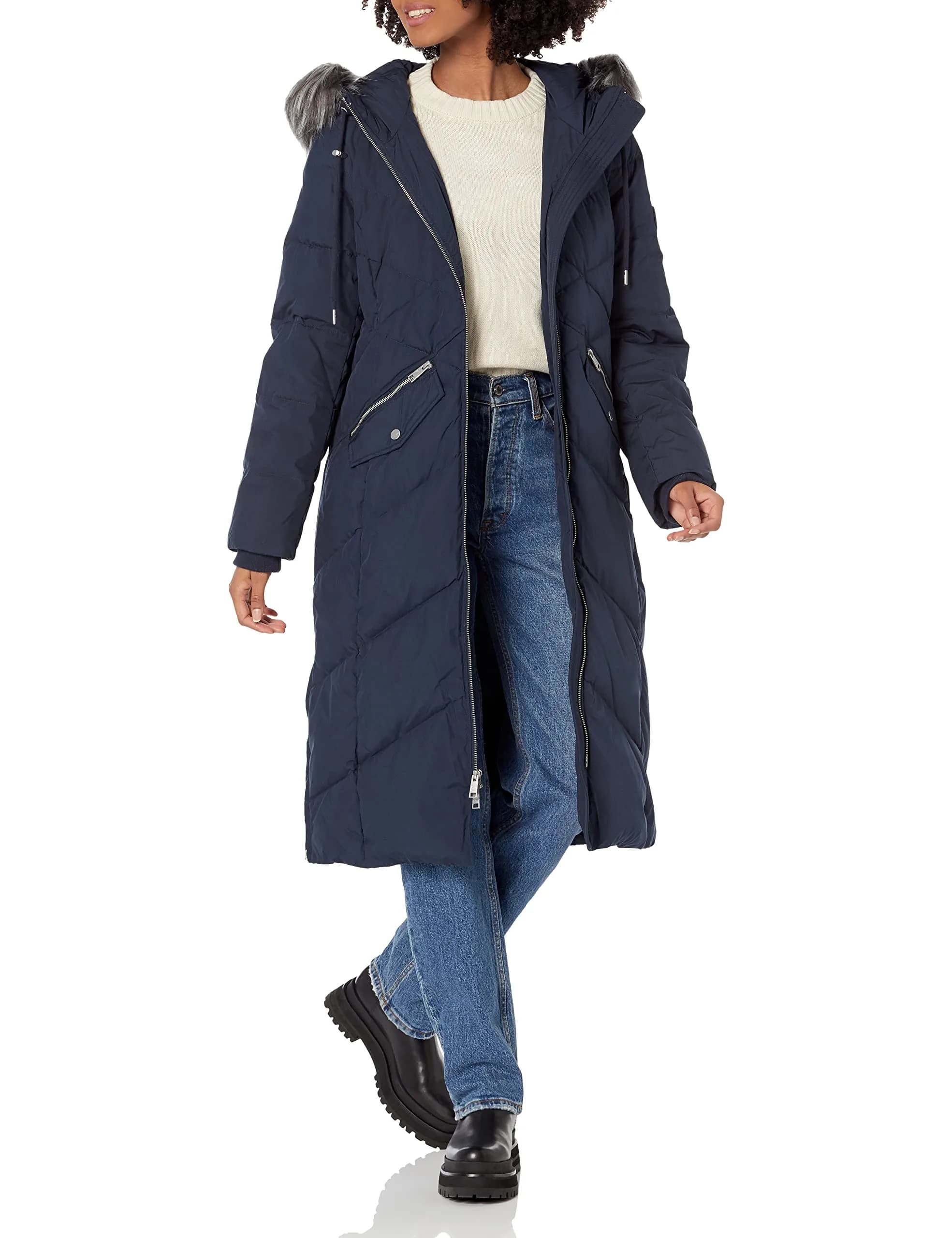 Andrew Marc Women's Long Down Jacket, Luxurious Ink, X-Small | Water-Resistant, Faux Fur Trim, Warm — Ink