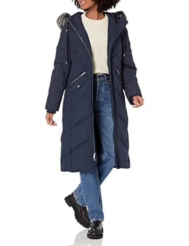 Andrew Marc Women's Long Down Jacket, Luxurious Ink, X-Small | Water-Resistant, Faux Fur Trim, Warm thumbnail 1