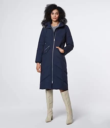 Andrew Marc Women's Long Down Jacket, Luxurious Ink, X-Small | Water-Resistant, Faux Fur Trim, Warm thumbnail 4