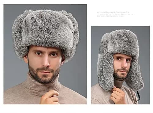 HKSICHENGKEJI Trapper Russian Trooper Hat Gray | Warm Faux Fur Earflap Cap for Cold Weather thumbnail 5