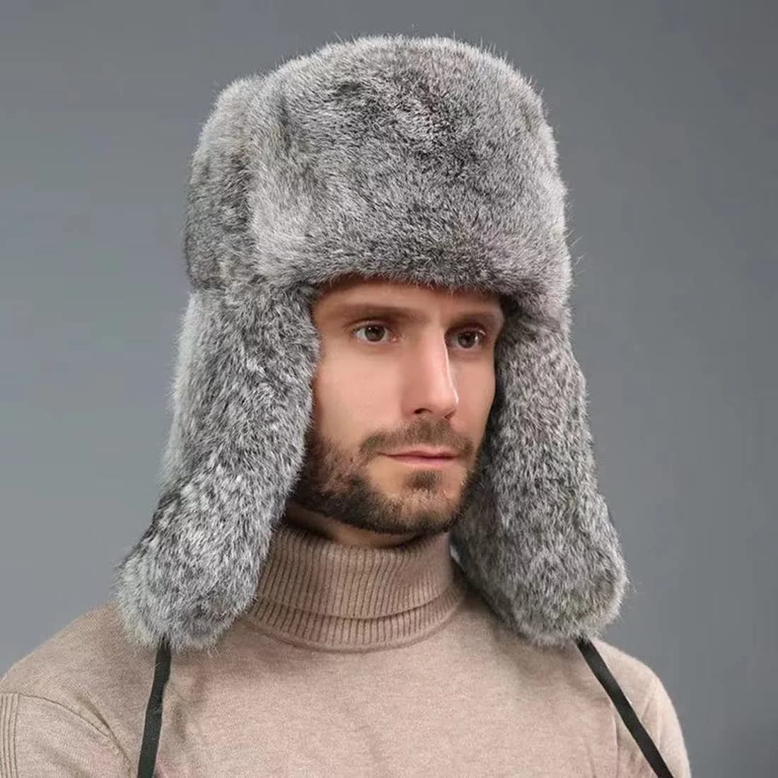 HKSICHENGKEJI Trapper Russian Trooper Hat Gray | Warm Faux Fur Earflap Cap for Cold Weather - view 6