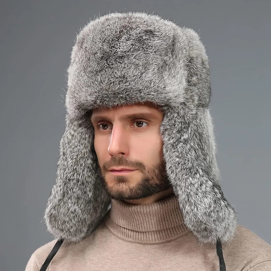 HKSICHENGKEJI Trapper Russian Trooper Hat Gray | Warm Faux Fur Earflap Cap for Cold Weather - view 2