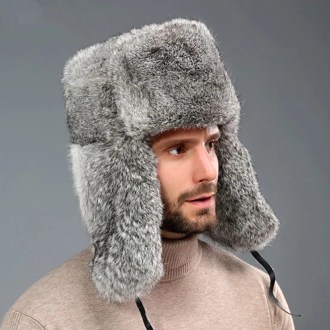HKSICHENGKEJI Trapper Russian Trooper Hat Gray | Warm Faux Fur Earflap Cap for Cold Weather - view 3