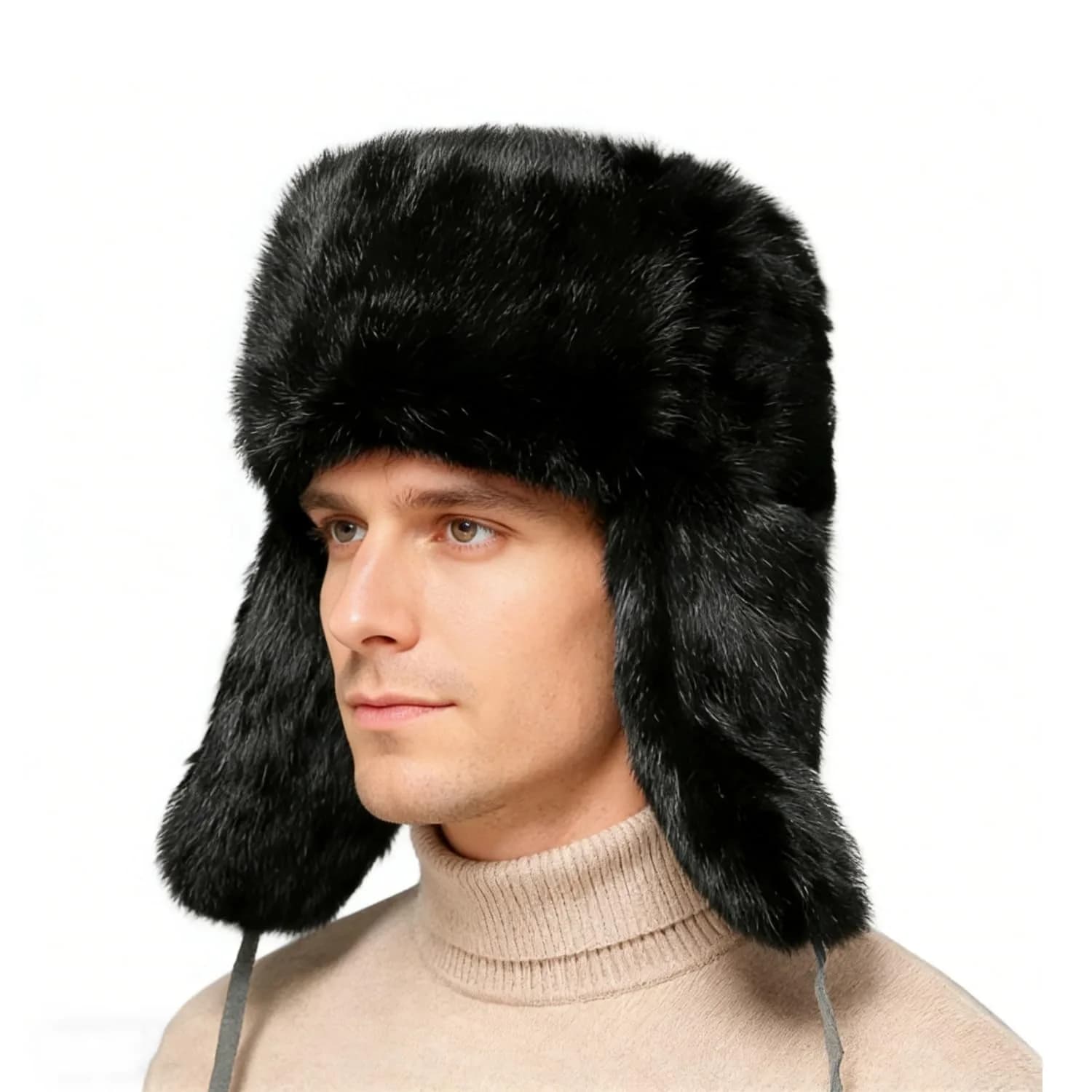 HKSICHENGKEJI Trapper Russian Trooper Hat Black | Warm Faux Fur Earflap Winter Cap - main product image