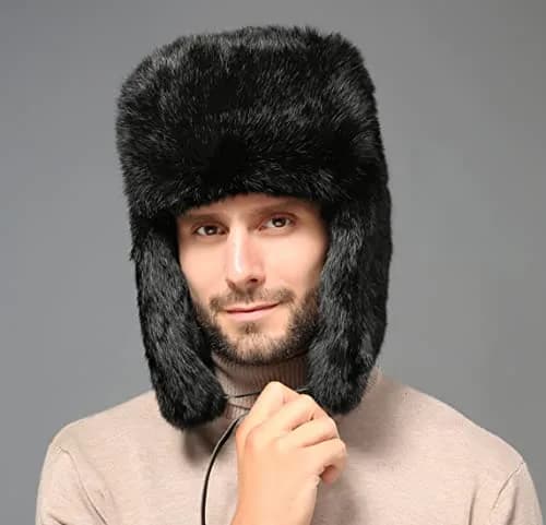 HKSICHENGKEJI Trapper Russian Trooper Hat Black | Warm Faux Fur Earflap Winter Cap thumbnail 5