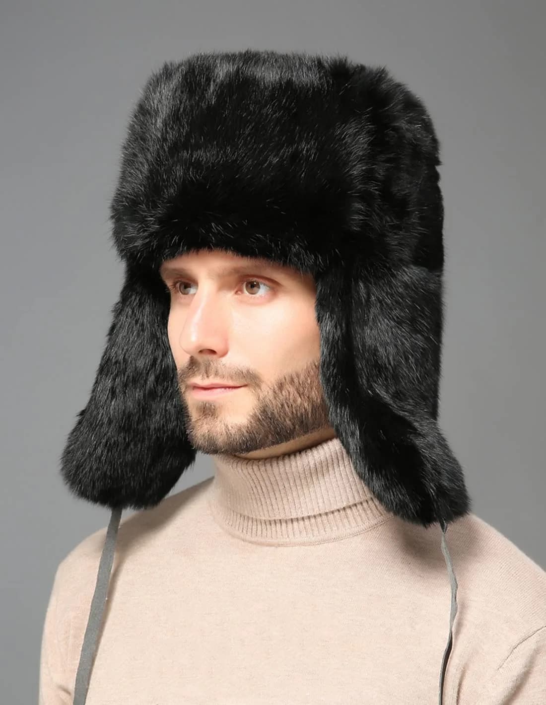 HKSICHENGKEJI Trapper Russian Trooper Hat Black | Warm Faux Fur Earflap Winter Cap - view 6