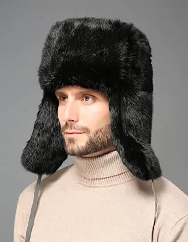 HKSICHENGKEJI Trapper Russian Trooper Hat Black | Warm Faux Fur Earflap Winter Cap thumbnail 6