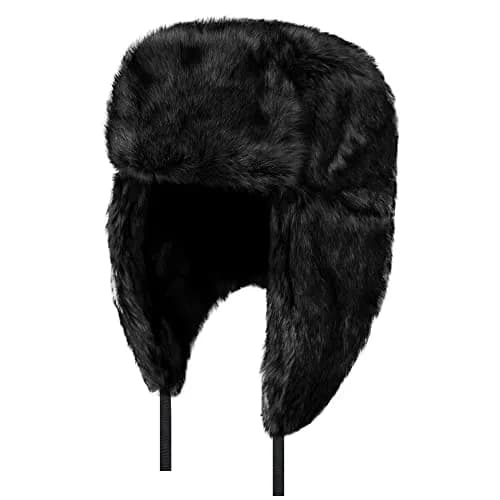 HKSICHENGKEJI Trapper Russian Trooper Hat Black | Warm Faux Fur Earflap Winter Cap thumbnail 7