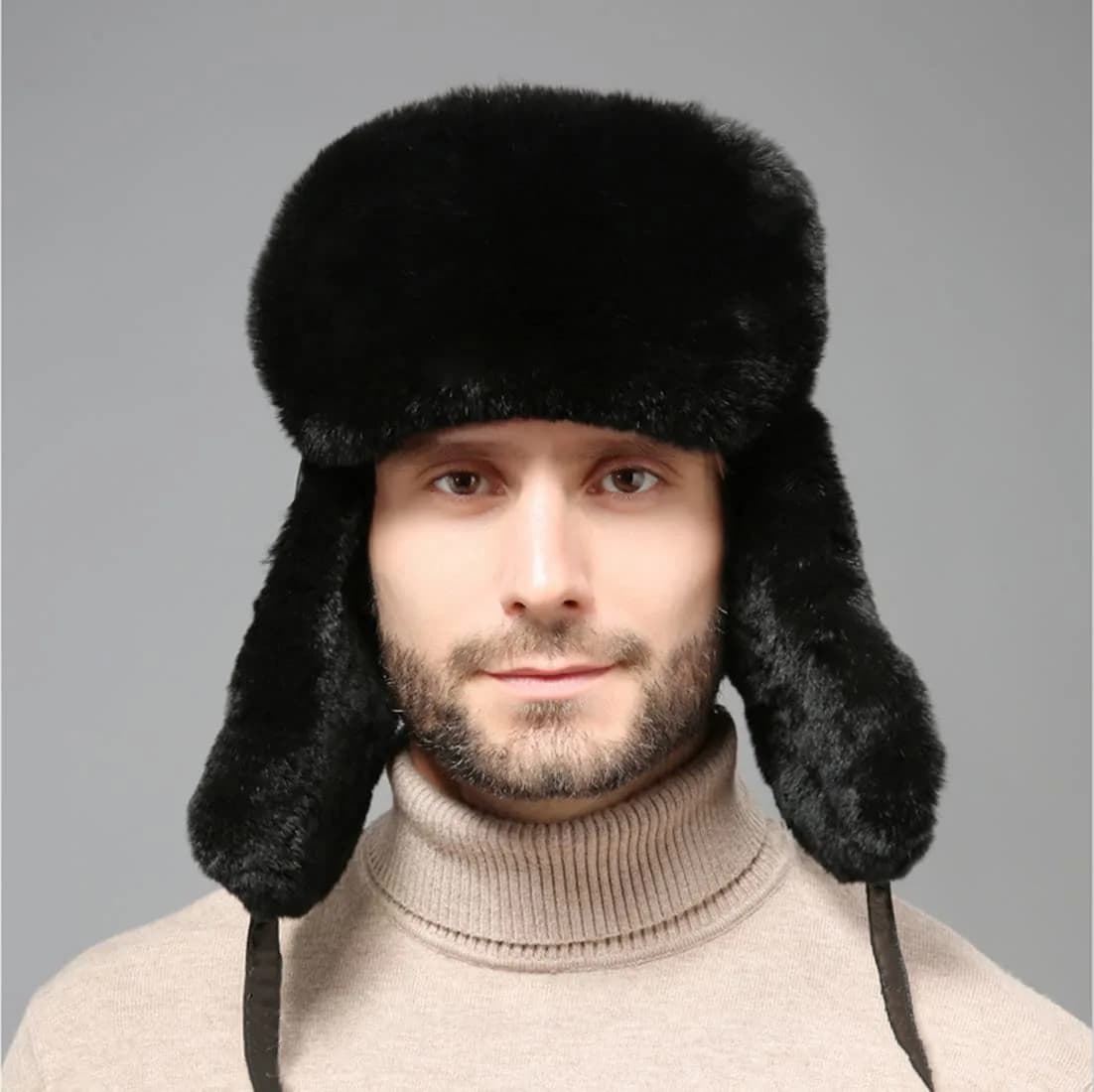 HKSICHENGKEJI Trapper Russian Trooper Hat Black | Warm Faux Fur Earflap Winter Cap - view 8