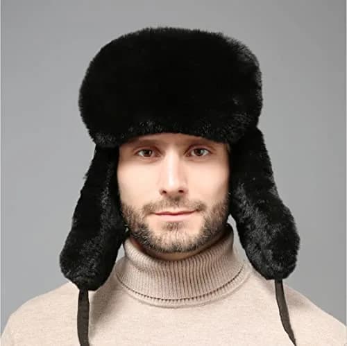 HKSICHENGKEJI Trapper Russian Trooper Hat Black | Warm Faux Fur Earflap Winter Cap thumbnail 8
