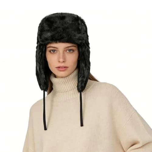 HKSICHENGKEJI Trapper Russian Trooper Hat Black | Warm Faux Fur Earflap Winter Cap thumbnail 2