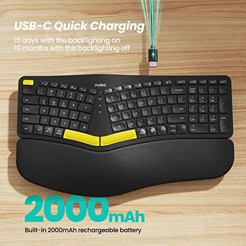 Nulea Ergonomic Split Wireless Keyboard with Wrist Rest 7-Color Backlight thumbnail 3